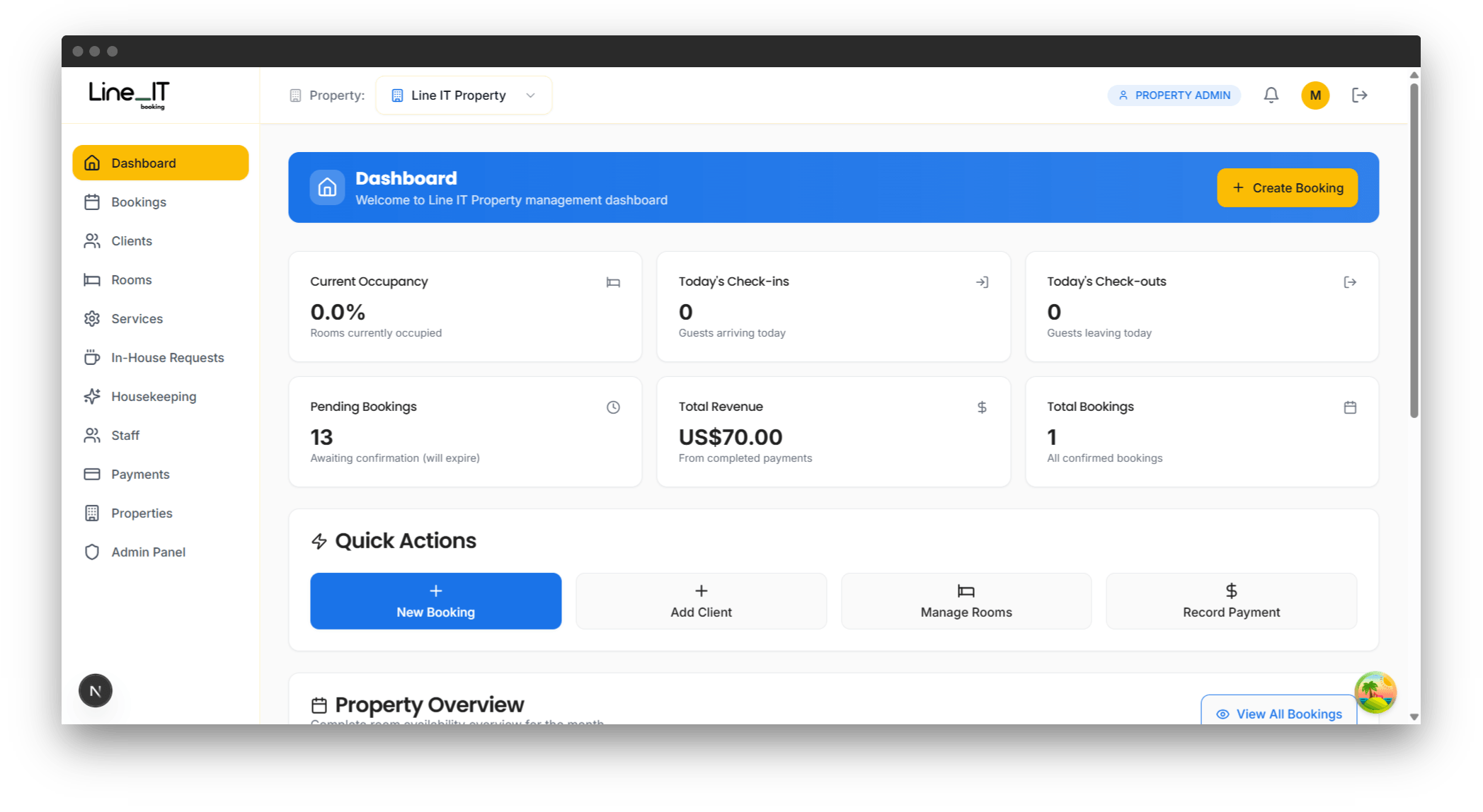 Line IT Booking Dashboard - Real-time property management interface showing bookings, revenue analytics, and occupancy rates